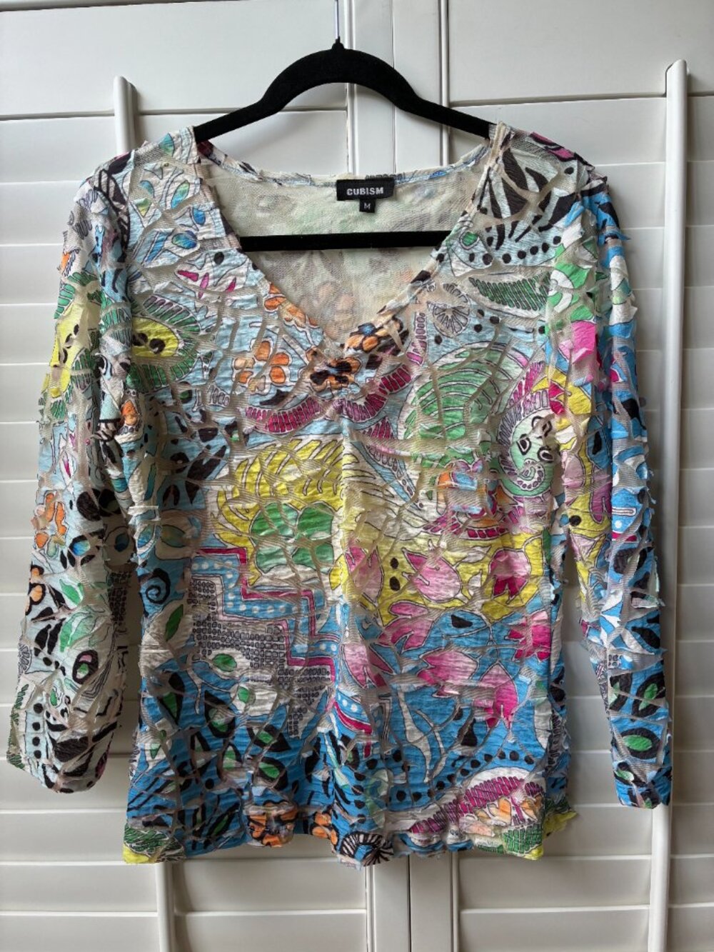 Art to Wear Cubism mesh see through long sleeve top art deco funky dopamine M